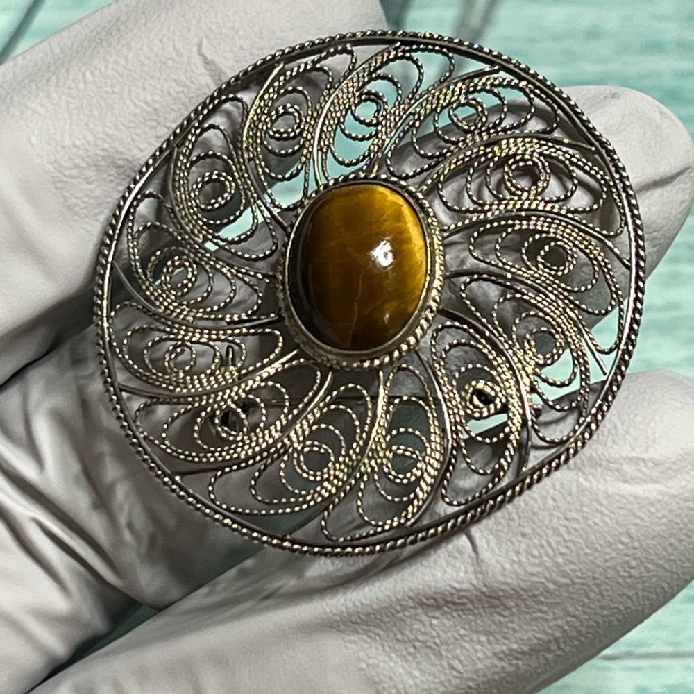 Vintage Israel sterling silver brooch precious tigers eye stone